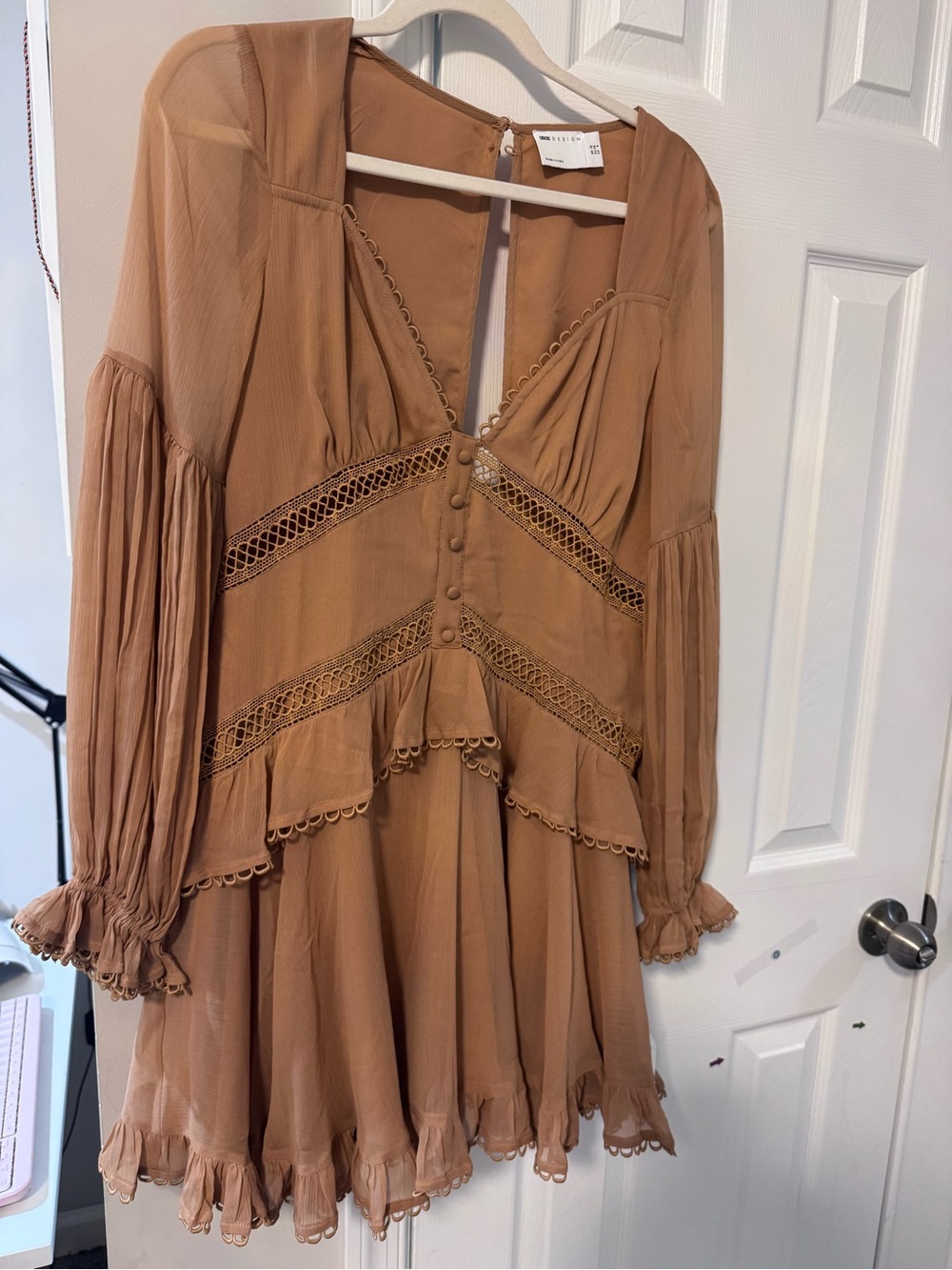 ASOS Camel Lace-Trim Ruffle Mini Dress